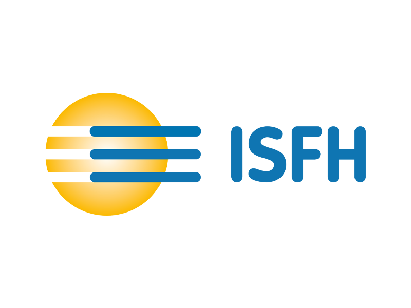 ISFH-Logo des Akofuture-Projekts: Gelbes Sonnensymbol mit blauen Linien, kombiniert mit blauer ISFH-Schrift, symbolisiert innovative Forschung im Bereich Solarenergie und Photovoltaik.