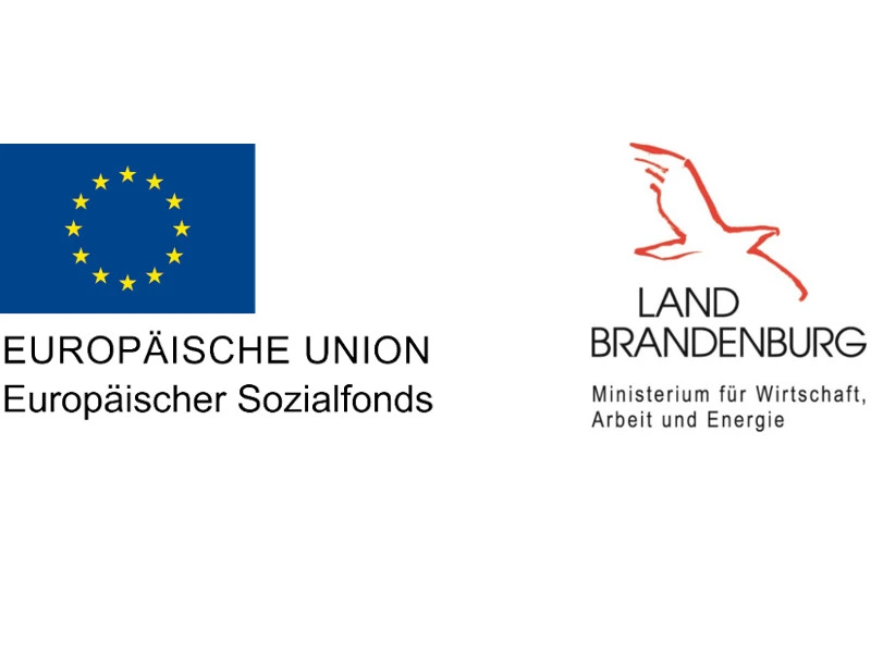 Logos der Europäischen Union mit dem Hinweis auf den Europäischen Sozialfonds sowie des Landes Brandenburg, vertreten durch das Ministerium für Wirtschaft, Arbeit und Energie. Symbol für die Förderung von Projekten durch EU- und Landesmittel.