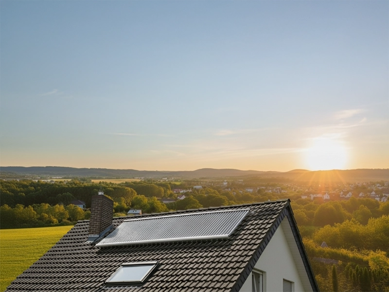 Solarthermie-System mit Vakuumröhrenkollektor auf Flachdach – effiziente Wärmegewinnung durch moderne Akotec Solartechnik.