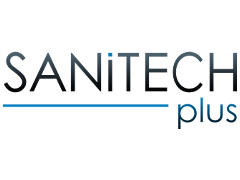 Das Bild zeigt das Logo von SANITECH plus mit einem modernen Schriftzug in Schwarz und Blau. Der Begriff ‚SANITECH‘ ist in Großbuchstaben geschrieben, wobei das ‚i‘ mit einem blauen Punkt hervorgehoben ist, und der Zusatz ‚plus‘ steht in einer eleganten, blauen Schrift darunter.