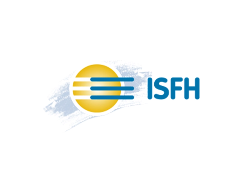 ISFH-Logo des Akofuture-Projekts: Gelbes Sonnensymbol mit blauen Linien, kombiniert mit blauer ISFH-Schrift, symbolisiert innovative Forschung im Bereich Solarenergie und Photovoltaik.