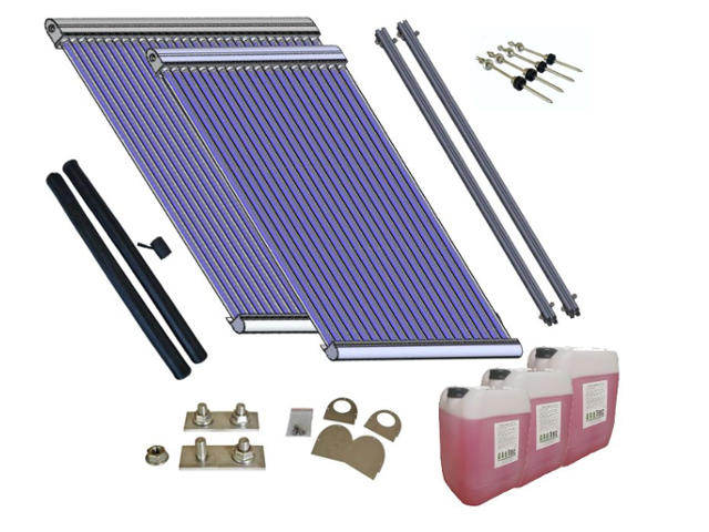 Akotec Solarthermie-Kollektorpaket mit Direct-Flow-Vakuumröhrenkollektor, Solarschläuchen, Montageset und Frostschutzmittel. Effiziente Lösung zur umweltfreundlichen Warmwasserbereitung und Heizungsunterstützung für Flachdächer und Fassaden. Nachhaltige Solarenergie-Technologie.