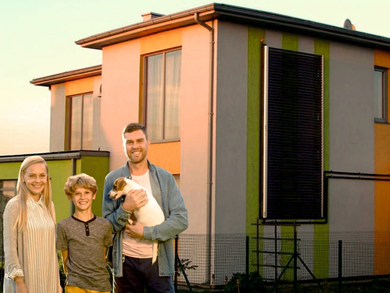 Glückliche Familie mit einem Hund vor einem modernen Einfamilienhaus mit an der Fassade installierter Solarthermieanlage. Symbol für nachhaltiges Wohnen und umweltfreundliche Energieversorgung für jedermann.